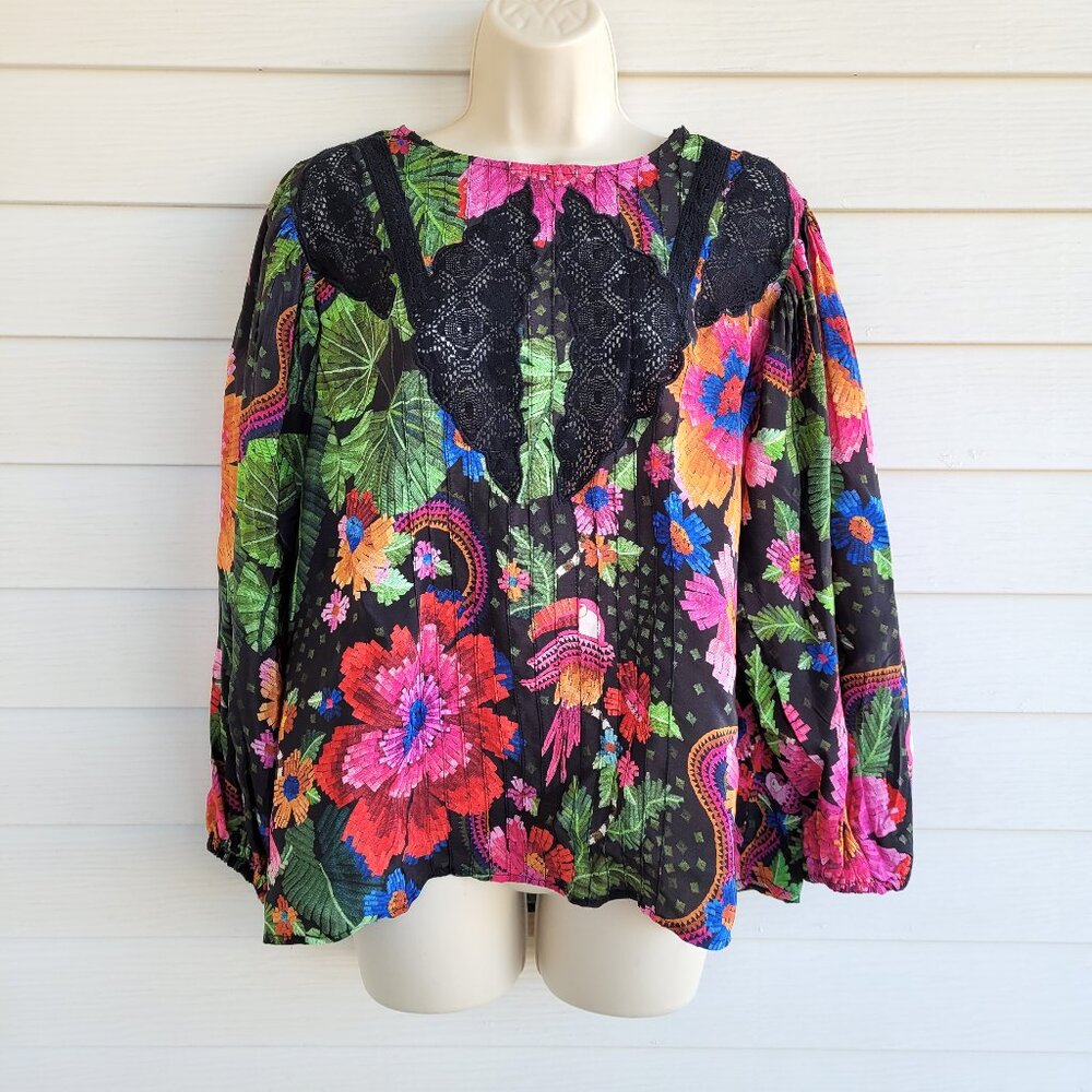 FARM Rio Black Floral Lace-Trim Peasant Blouse with Bright Multicolor Blooms